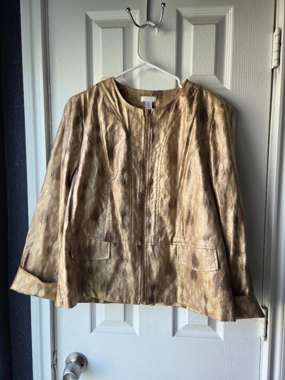 CHICO'S Metallic Foiled Linen Blend Full Zip Jacket Size 2/Large Gold Tan